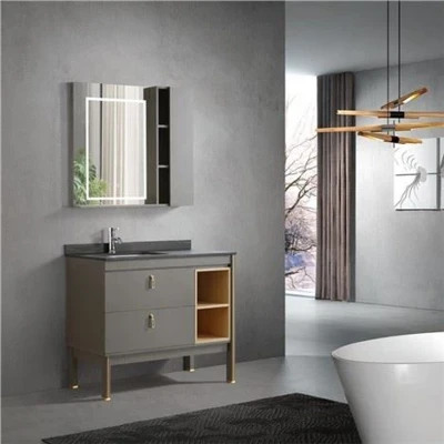 New Design Plywood Bath Vanity Mèb Mete Avèk basen wòch kontwar basen ak glas